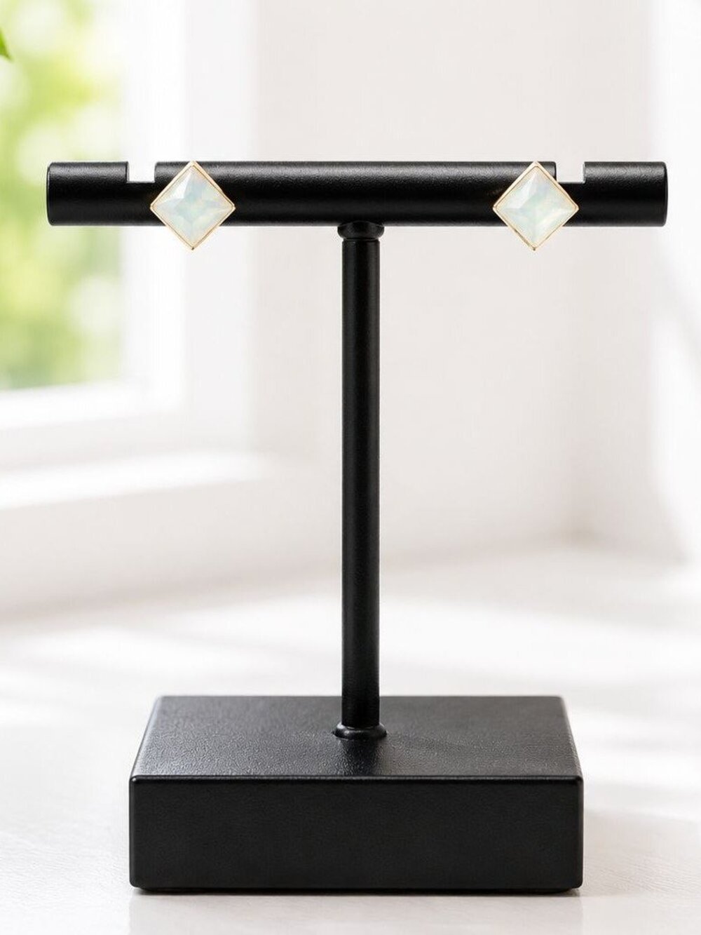 Square Opal Stud Earrings With Gold-Tone Setting – Vintage Look Minimalist Jewel